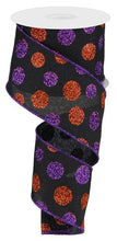Load image into Gallery viewer, Glitter Multi Dots Wired Ribbon : Black Purple Orange - 2.5 Inches x 10 Yards (30 Feet)