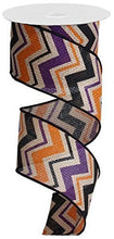 Load image into Gallery viewer, Wired Halloween chevron ribbon in orange, purple, and black for festive wreaths and decorations, perfect for spooky crafts.