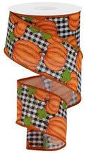 Load image into Gallery viewer, Wired pumpkin ribbon with black and white checkered pattern, perfect for autumn wreaths and fall crafts, 2.5 inches wide.