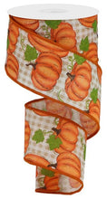 Load image into Gallery viewer, Wired fall ribbon featuring vibrant orange pumpkins on a checkered background, perfect for autumn wreaths and decorations.