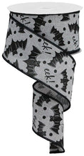 Load image into Gallery viewer, Wired Halloween ribbon featuring playful bats and polka dots on a gray background, perfect for spooky wreath decorations.