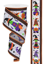 Load image into Gallery viewer, Halloween wired ribbon with colorful gnomes, pumpkins, and whimsical designs for festive wreath crafting and decor.