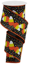 Load image into Gallery viewer, Candy Corn and Polka Dots Wired Ribbon : Black, Yellow, Orange - 2.5 Inches x 10 Yards (30 Feet)