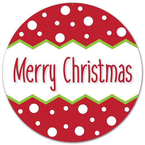Merry Christmas Polka Dot Metal Sign : Red White Lime Green - 12