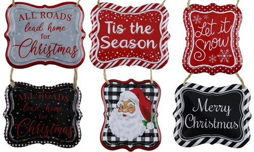 Assorted Christmas Tin Ornament : 6 Pack Asst. - Burlap String Hanger Attached - 4 Inches x 3.5 Inches
