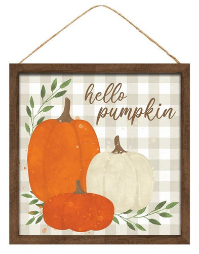 Hello Pumpkin Wooden Sign : Orange Brown Cream Light Beige Green - 10 Inches x 10 Inches