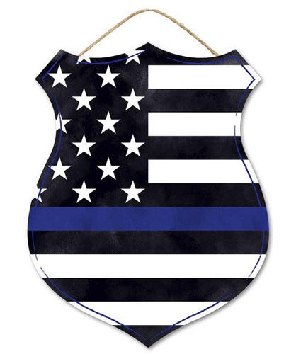 Police Flag Badge Shape Wooden Sign : Black White Royal Blue - 12 Inches x 6 Inches