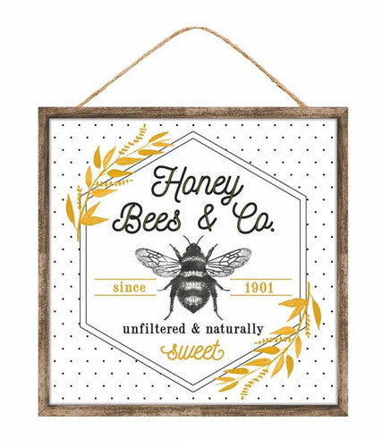 Honey Bees and Co Wooden Sign : Yellow Brown Black White Mustard - 10 inches x 10 inches