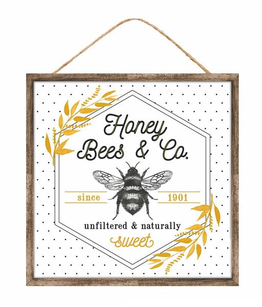 Honey Bees and Co Wooden Sign : Yellow Brown Black White Mustard - 10 inches x 10 inches