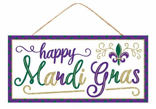 Happy Mardi Gras Glitter Wooden Sign : White Purple Gold Green - 12.5 Inches x 6 Inches