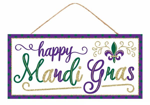 Happy Mardi Gras Glitter Wooden Sign : White Purple Gold Green - 12.5 Inches x 6 Inches