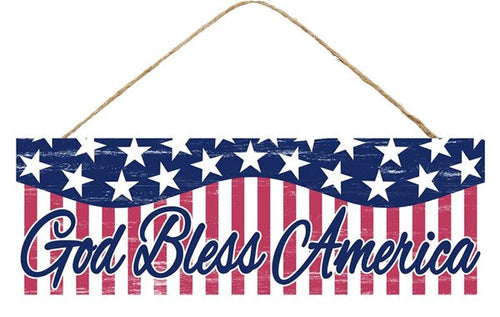 God Bless America Stars Striped Wooden Sign : Red White Blue - 15 Inches x 5 Inches