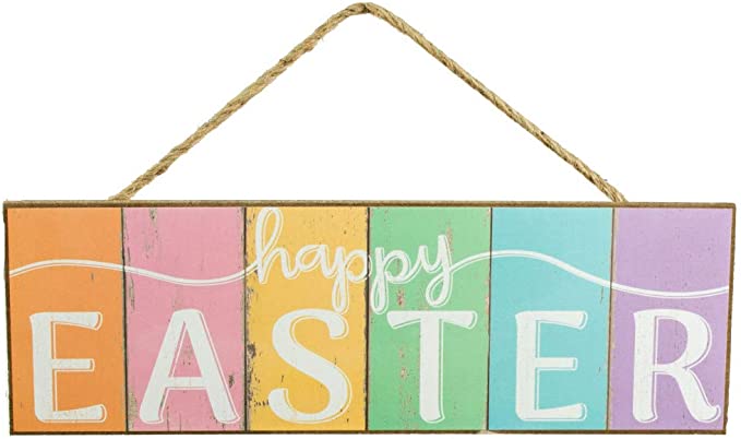 Happy Easter Striped Wooden Sign : Multi White - 15 Inches x 5 Inches
