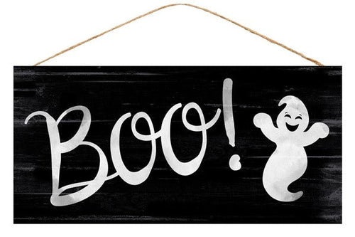 Boo Halloween Ghost Wooden Sign : Black White - 12.5 Inches x 6 Inches