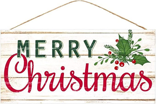 Merry Christmas Wooden Sign: Cream Ivory Red Green - 12 Inches x 12 Inches
