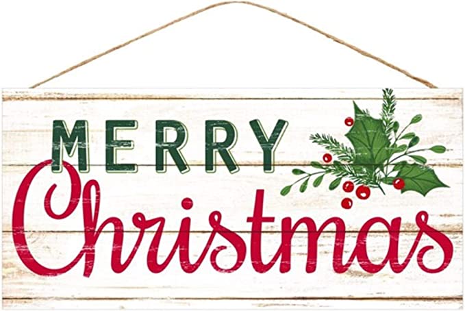 Merry Christmas Wooden Sign: Cream Ivory Red Green - 12 Inches x 12 Inches
