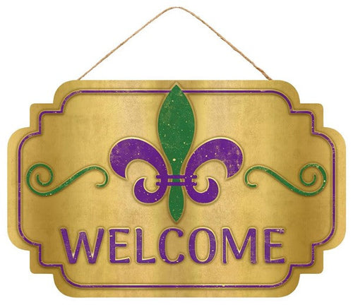 Mardi Gras Welcome Wooden Sign : - 12 Inches x 12 Inches