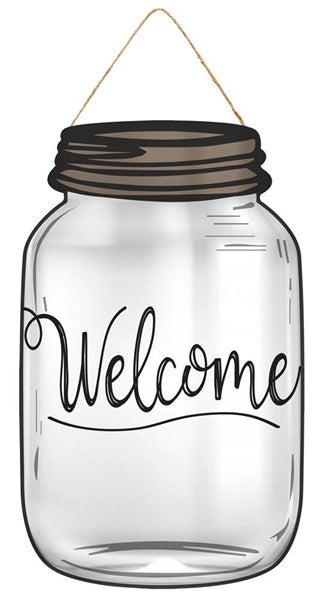 Mason Jar Welcome Wooden Sign : Grey Gray Brown - 10 Inches x 6 Inches
