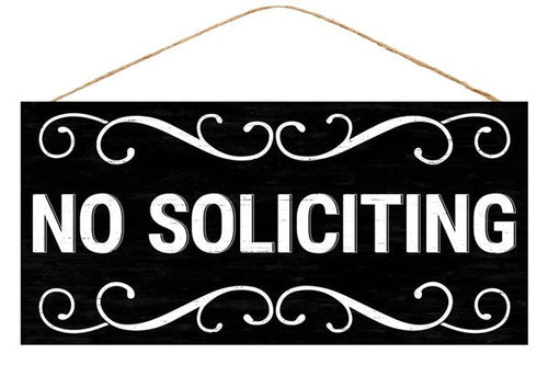 No Soliciting Wooden Sign : White Black - 12.5 Inches x 6 Inches
