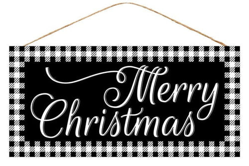 Merry Christmas Wooden Sign: Black White Buffalo Check - 12.5 Inches x 6 Inches