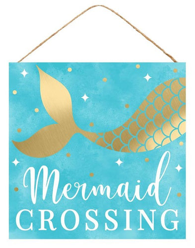 Mermaid Crossing Wooden Sign : Blue Gold White - 10 inches x 10 inches 