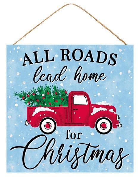 All Roads Lead Home Wooden Sign : Vintage Red Truck with Christmas Tree - 10 Inches