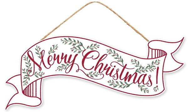 Merry Christmas Banner : White - Wall Door Hanger Tree Ornament Sign 15 Inches