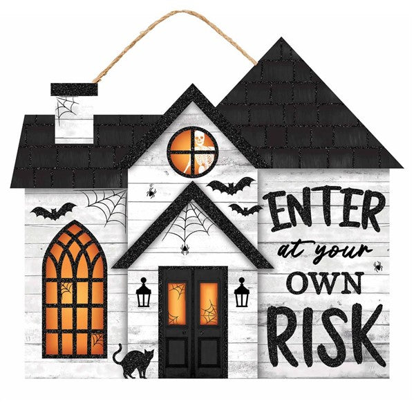 Enter At Your Own Risk Halloween Wooden Sign : White Black Orange - 11.25 Inches x 9.75 Inches