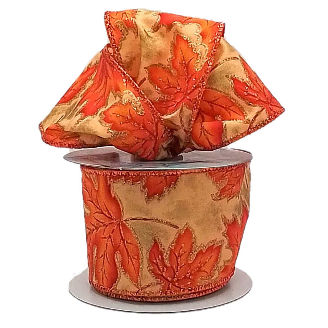 Metallic Leaves Leaf Fall Ribbon : Orange, Gold - 2.5 Inches x 10 Yards (30 Feet)