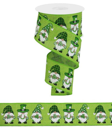 Gnome Shamrock Clover St Patricks Day Wired Ribbon : Lime, Emerald Green, Black - 2.5