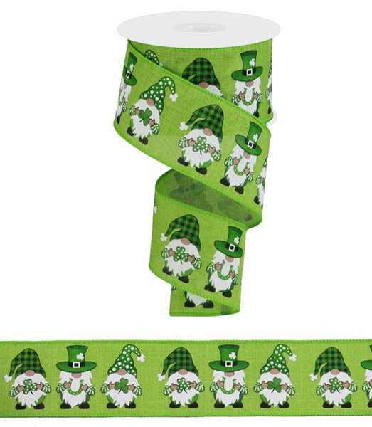Gnome Shamrock Clover St Patricks Day Wired Ribbon : Lime, Emerald Green, Black - 2.5