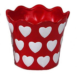 Hearts Ceramic Planter Garden Holder : White Red - 5 Inches x 6 Inches