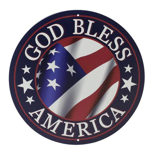 God Bless America Metal Sign : Fourth of July Flag - 12 Inches Round