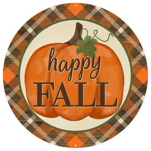 Plaid Happy Fall Autumn Sign : Green Orange Cream - 12 Inches Round Circular
