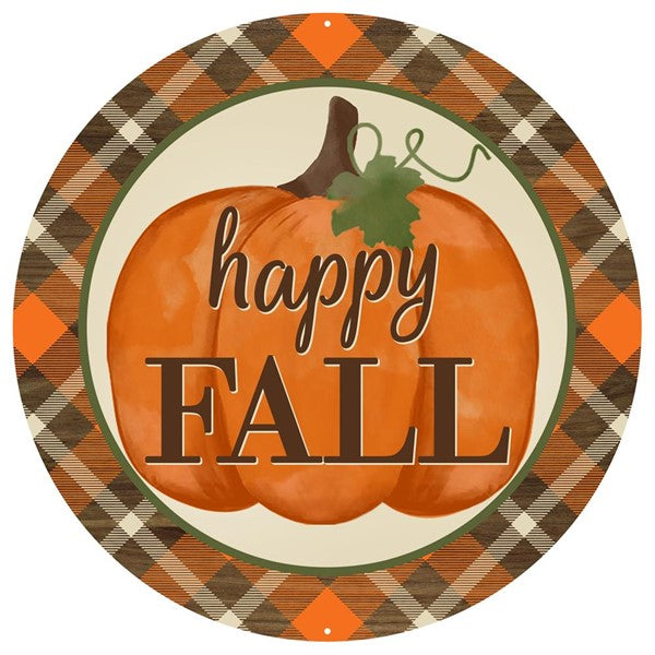 Plaid Happy Fall Autumn Sign : Green Orange Cream - 12 Inches Round Circular