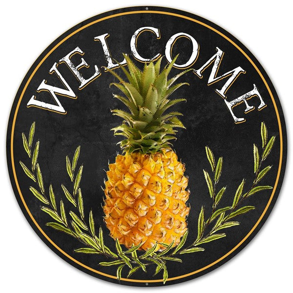 Metal Welcome Pineapple Sign - 12 Inches Round