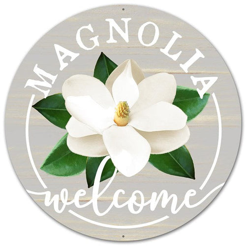 Magnolia Welcome Round Tin Sign : 12 Inches