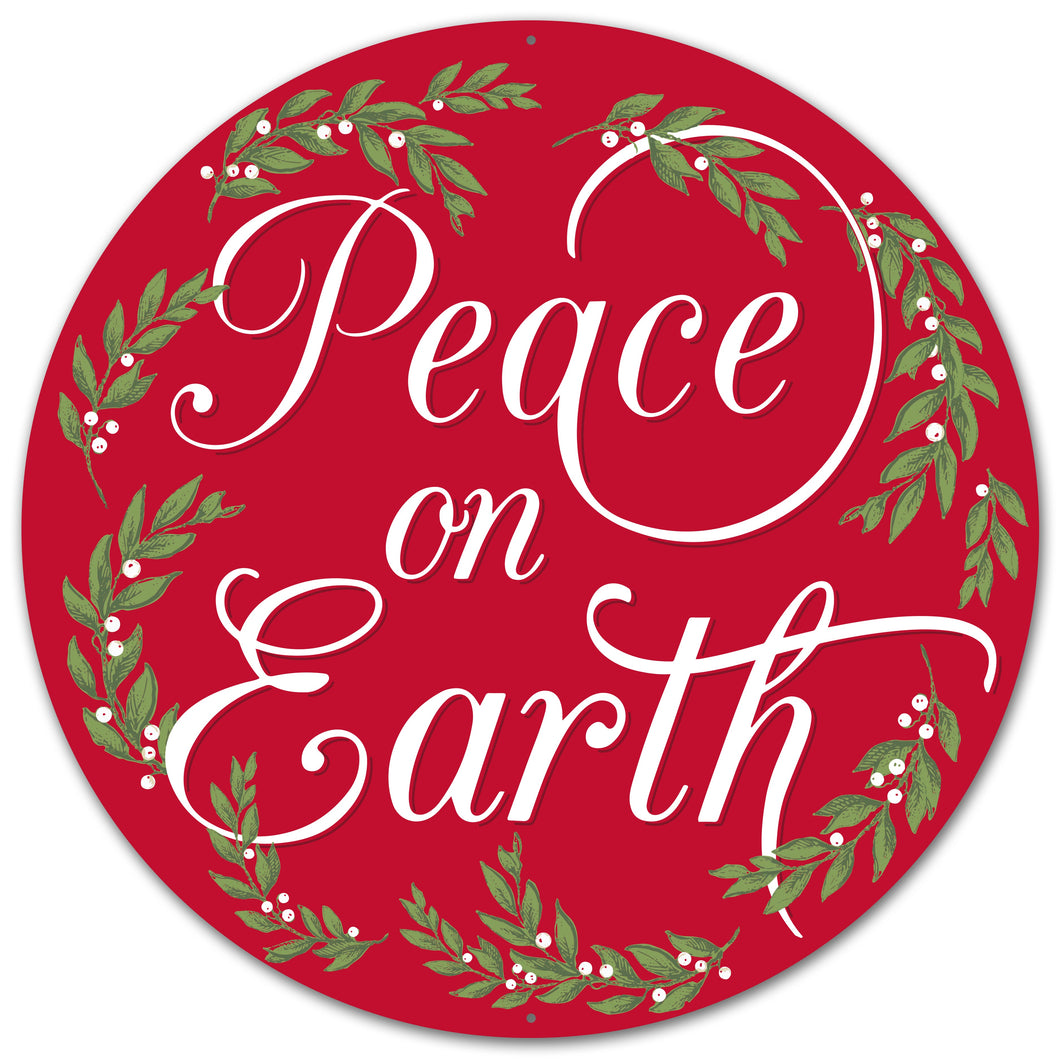 Peace on Earth Christmas Metal Sign : Red White Green - 12 Inches Round
