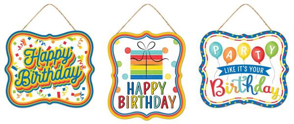 Embossed Tin Happy Birthday SET OF 3 : Red Yellow Blue Lime - 7 Inches x 6 Inches