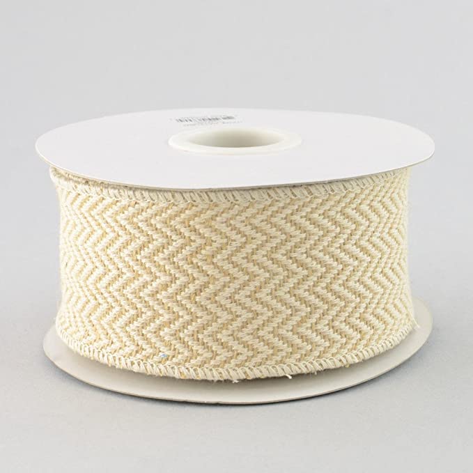 Woven Jacquard Chevron Wired Ribbon : Natural Beige - 2.5 Inches x 10 Yards (30 Feet)