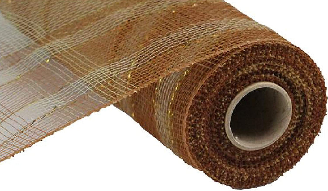 Plaid Metallic Deco Poly Mesh Ribbon : Bronze Natural Beige Laser Gold - 10 Inches x 10 Yards (30 Feet)