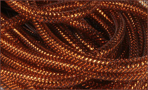 Deco Mesh Ribbon Flex Tubing: Chocolate Brown with Copper Foil - 8mm x 30 Yards (90 Feet)