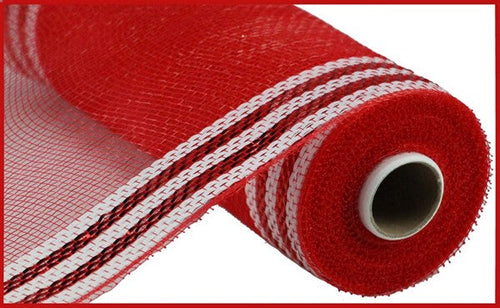 Border Stripe Deco Mesh Ribbon : Metallic Red, White - 10 Inches x 10 Yards (30 Feet)