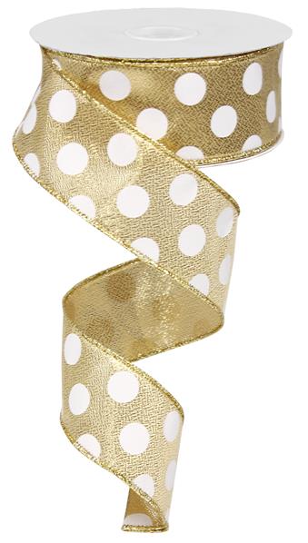 Polka Dot Wired Ribbon : Gold White - 1.5 Inches x 10 Yards (30 Feet)