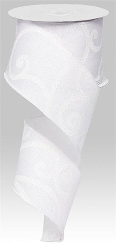 Bold Scroll Royal Wired Ribbon: White - 2.5 Inches x 10 Yards (30 Feet)