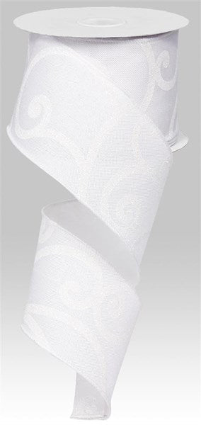 Bold Scroll Royal Wired Ribbon: White - 2.5 Inches x 10 Yards (30 Feet)