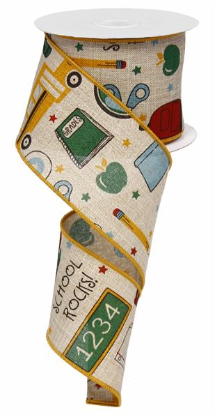 School Rocks Wired Ribbon Natural Beige, Multi Colored - 2.5 Inches x 10 Yards (30 Feet)