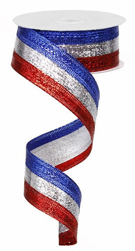 Metallic Wired Ribbon : Red Silver Royal Blue Stripe - 1.5 Inches x 10 Yards (30 Feet)