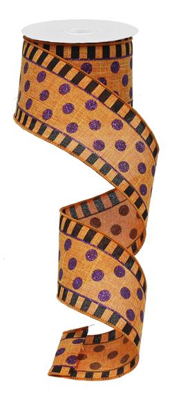 Glitter Stripes and Dots Wired Ribbon : Orange and Black Halloween - 2.5 Inches x 10 Yards (30 Feet)