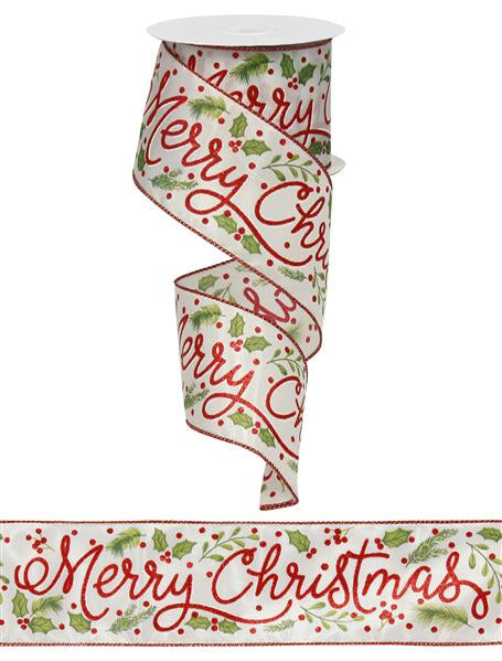 Merry Christmas Satin Wired Ribbon: Red Gren - 2.5 Inches x 10 Yards (30 Feet)